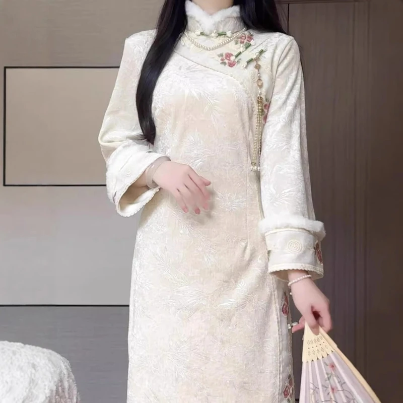 QP97-6#白色倒大袖长袖旗袍连衣裙冬季日常改良民国大小姐绝美裙