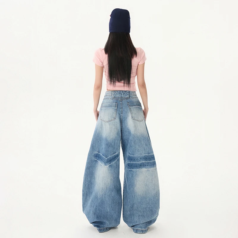 HAPPEN 美式阔腿弯刀裤拖地裤男女同款水洗蓝百搭显高廓形牛仔裤