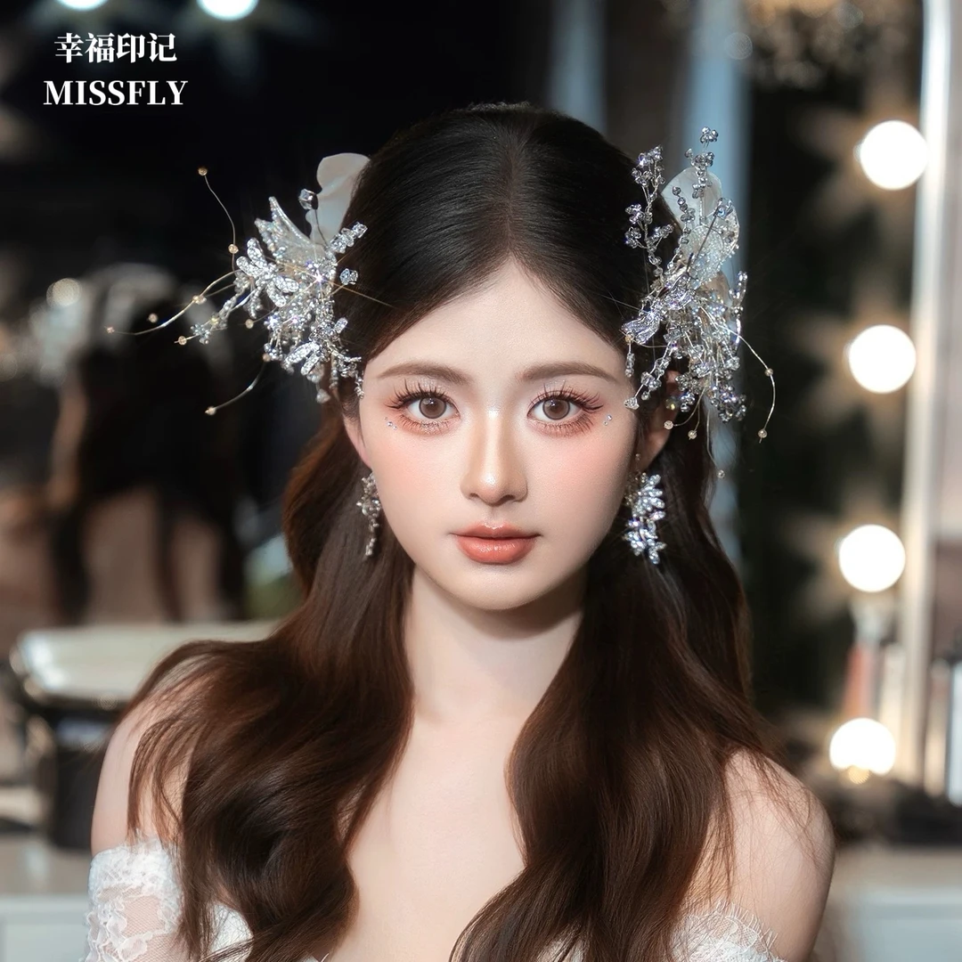 新娘旅拍头饰水晶水凝胶对夹蝴蝶发夹婚纱礼服配饰品新中式发饰仙