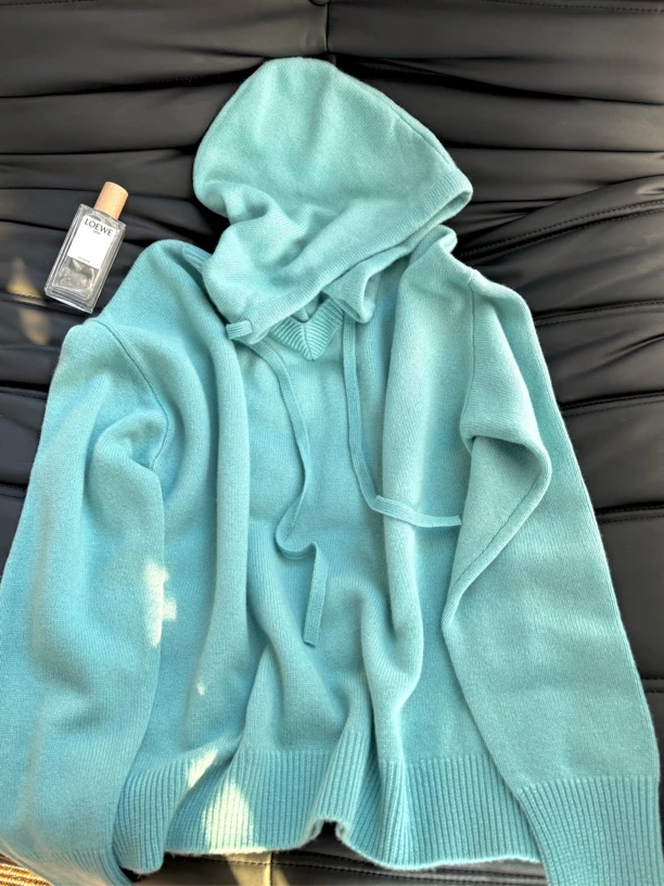 好美的蓝色！颜控来！休闲百搭简约时尚连帽慵懒风系带上衣女9622