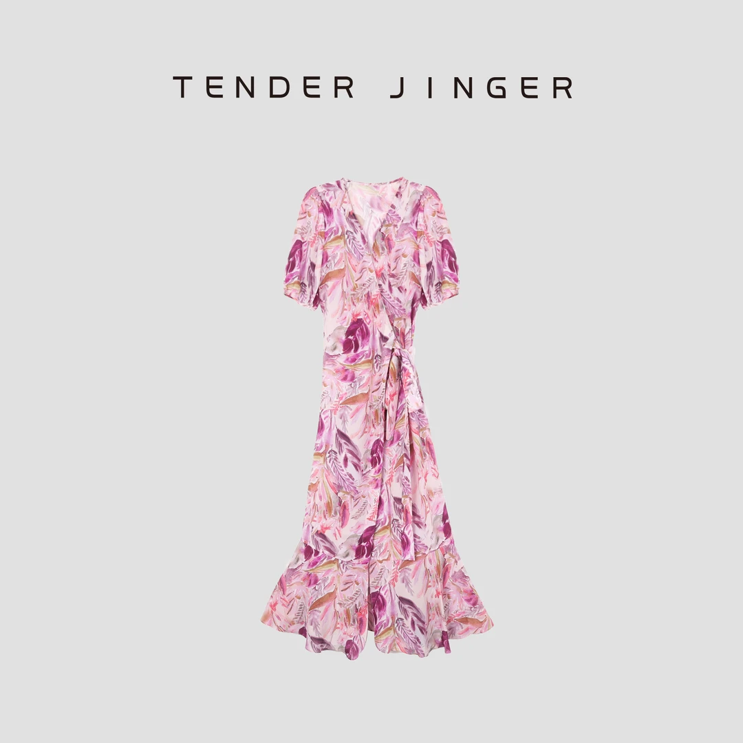 Tender Jinger【黑标】桑蚕丝V领气质荷叶边茶歇裙T52ZWW366Z