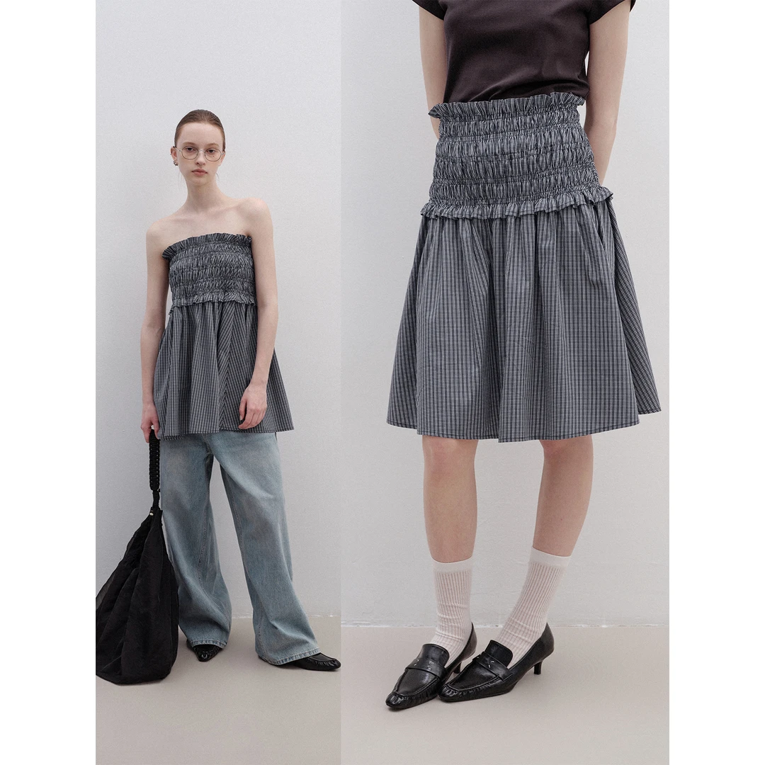 Veega Chic 两穿式打揽抽褶设计松紧腰A型伞摆半裙