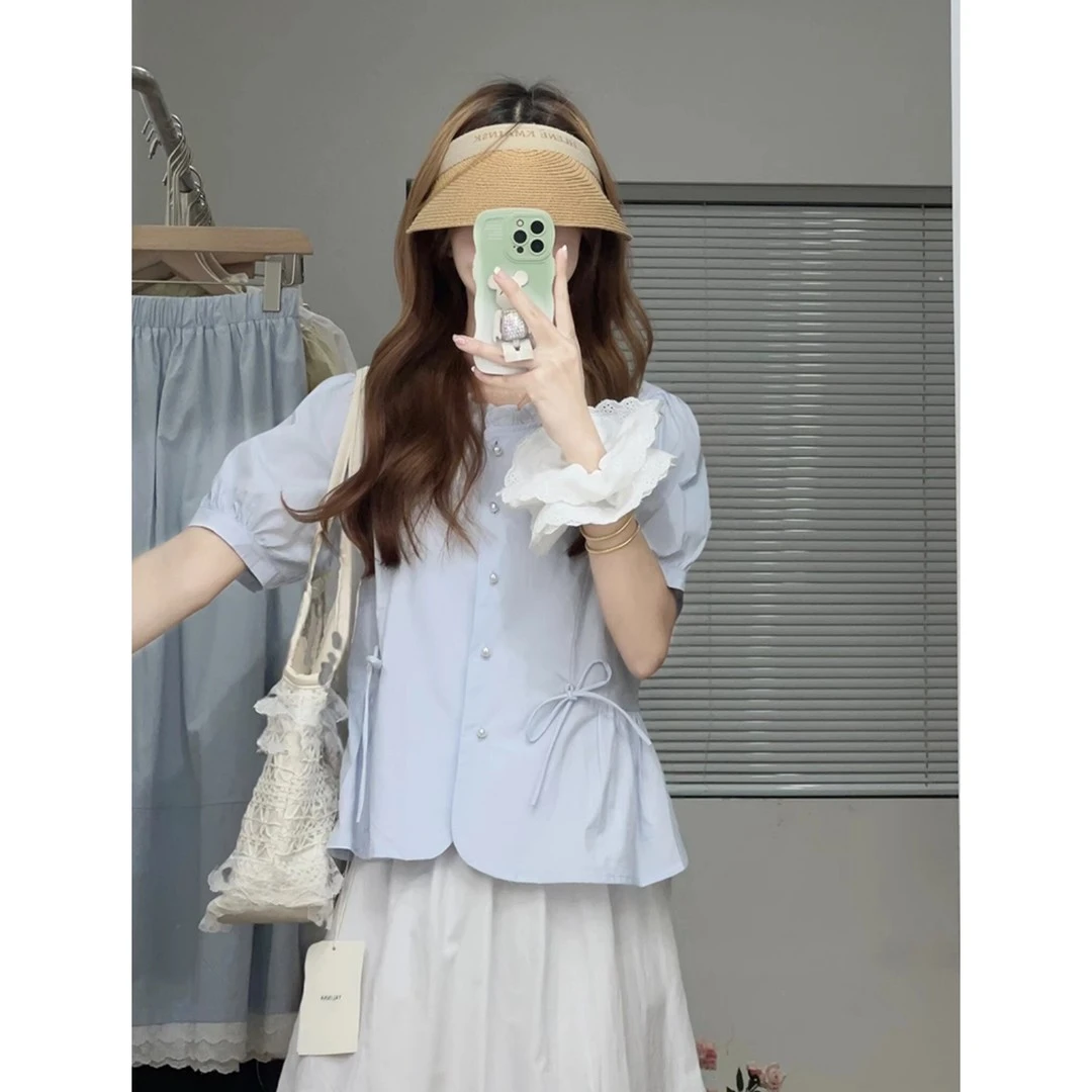 季念夏季女装mm短袖大码衬衫2025绑带新款遮肚设计上衣显瘦衬衣女