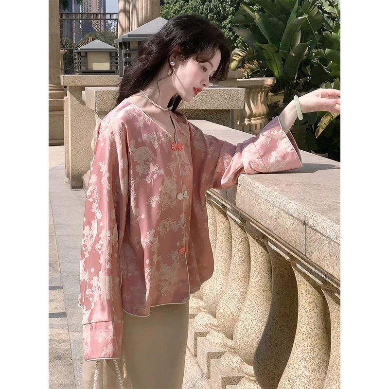 南溯集【桃花扇】现货新中式外套国风贵气知性粉色提花上衣女宽松