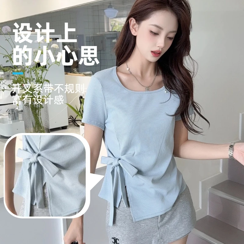 YINYUZHI/吟雨枝新款不规则T恤系带开叉欧若风短袖显瘦女款19051