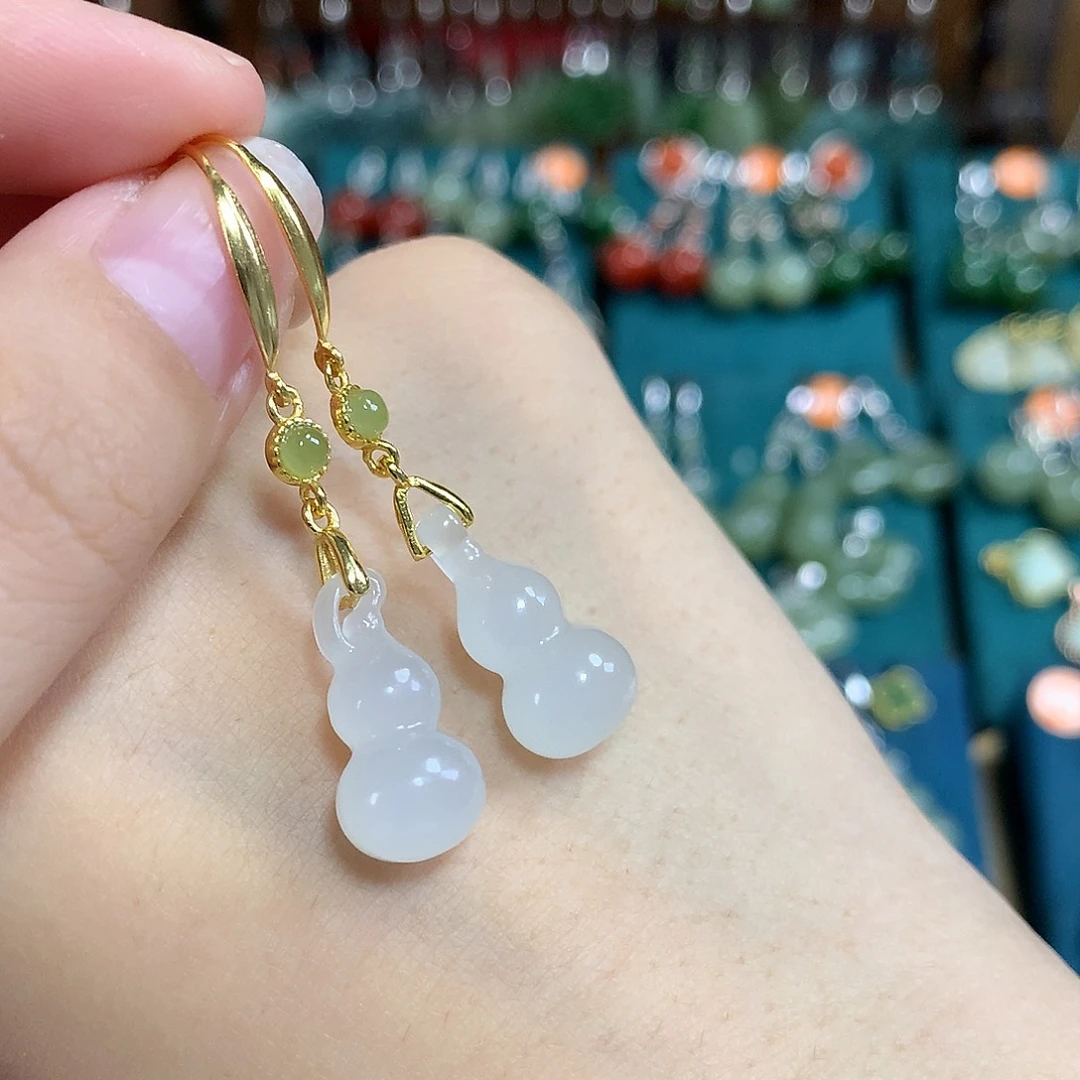 和田玉银S925镶嵌耳饰葫芦号18左右