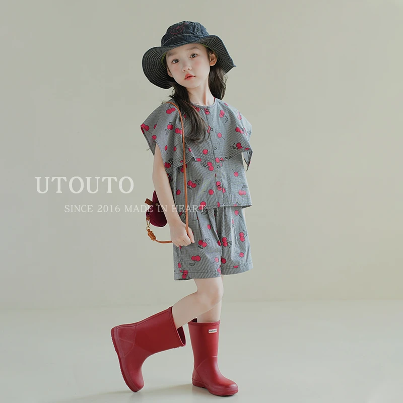 utouto大耳象女童樱桃格纹小衫短裤2025夏季新款儿童2503021
