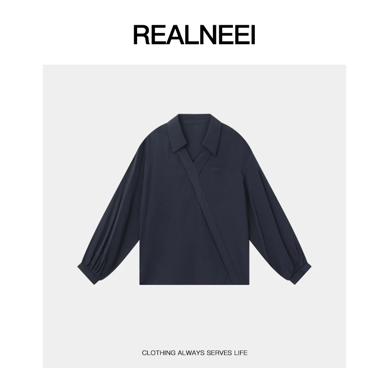 REALNEEI【】极简天丝棉设计感翻领H型斜门襟纯色衬衫T6896