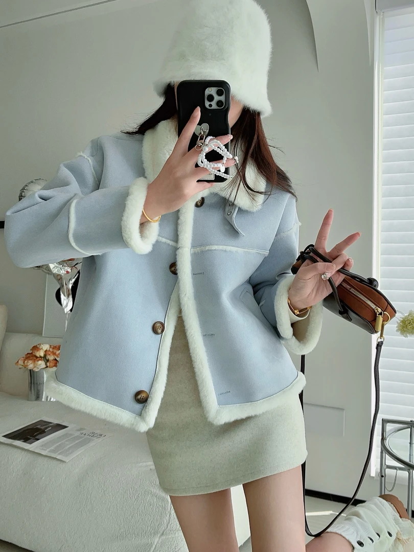 皮毛一体加绒外套女24冬新款时尚百搭保暖上衣短款加厚9815