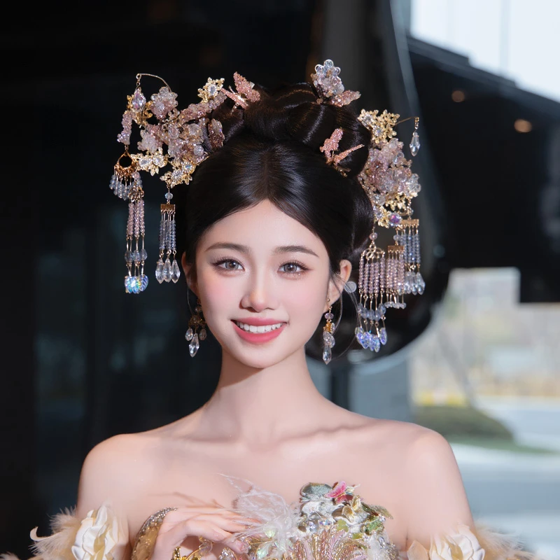 合金婚庆饰品 梦瑶新娘头饰中式浅色流苏发簪秀禾服结婚发饰G0183