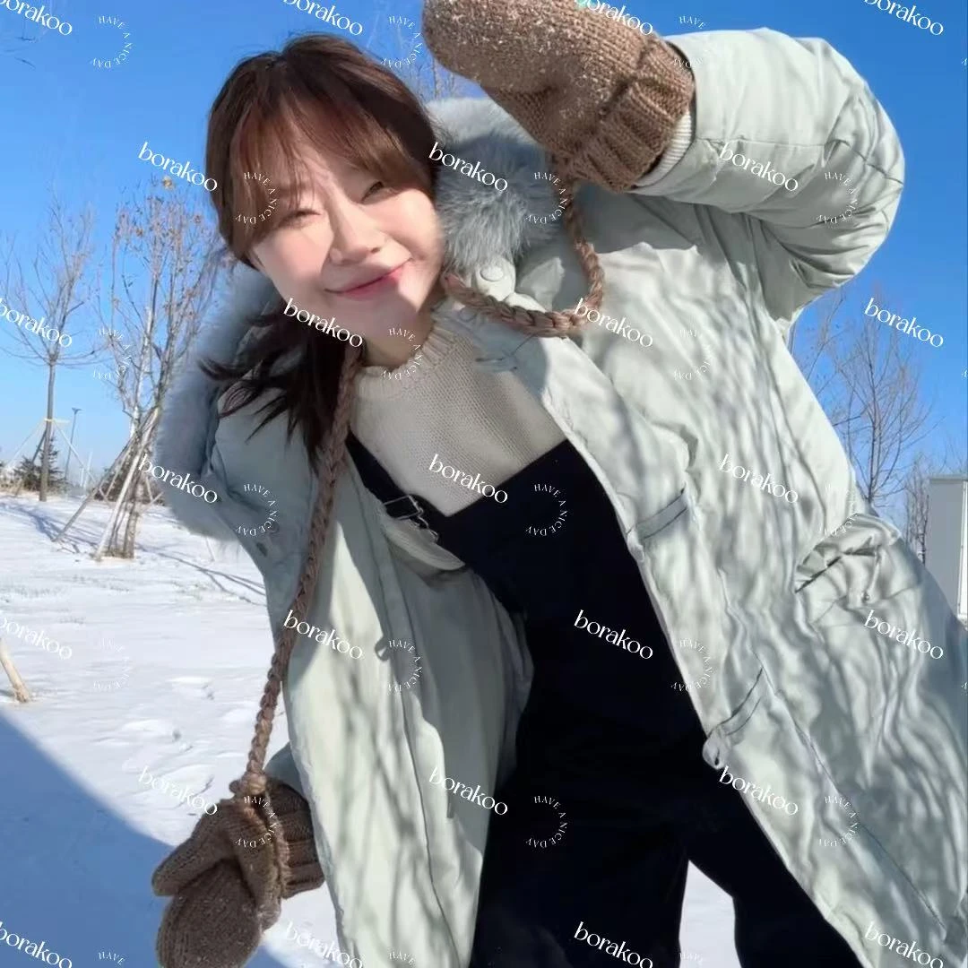 【BORAKOO】薄荷绿狐狸领牛角扣中长款羽绒服（270g） S