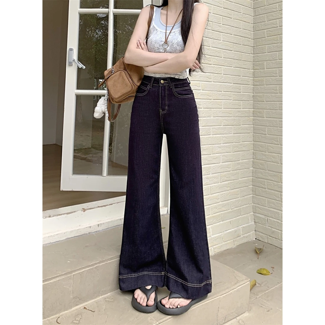 美式复古丹宁牛仔裤女秋季慵懒松弛感高腰直筒微喇拖地阔腿裤子