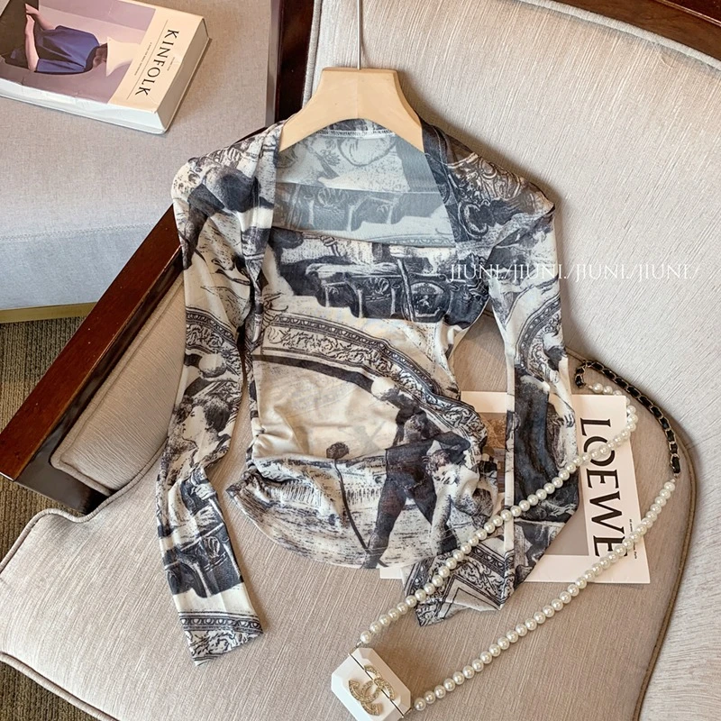 法式复古黑色扎染辣妹T恤上衣女2024夏季新款高级感修身别致长袖