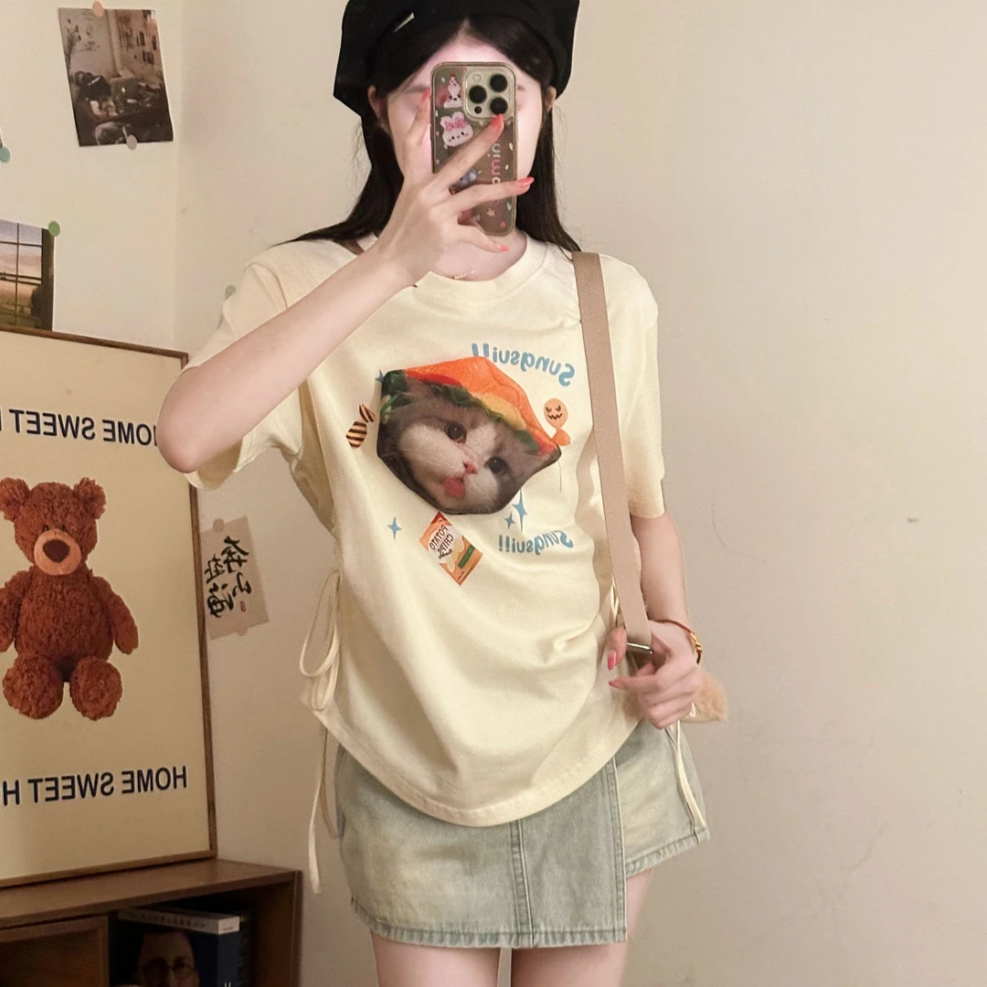 汉堡小猫 织物猪原创 夏季印花甜酷风阔版收腰显瘦T恤牛仔短裤裙