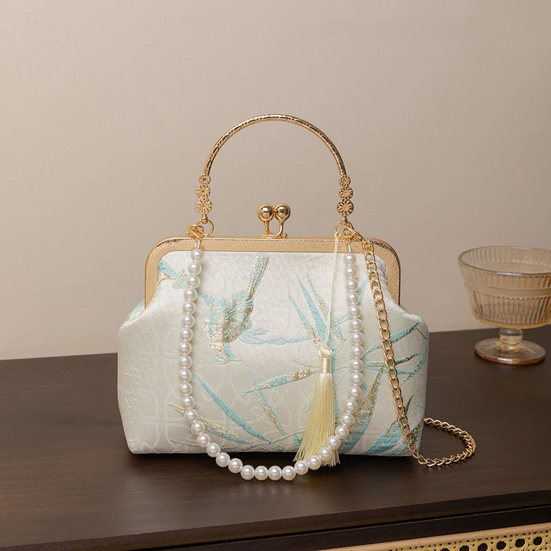 新中式国风素雅竹叶旗袍包包搭配马面裙气质斜挎手提口金包D013