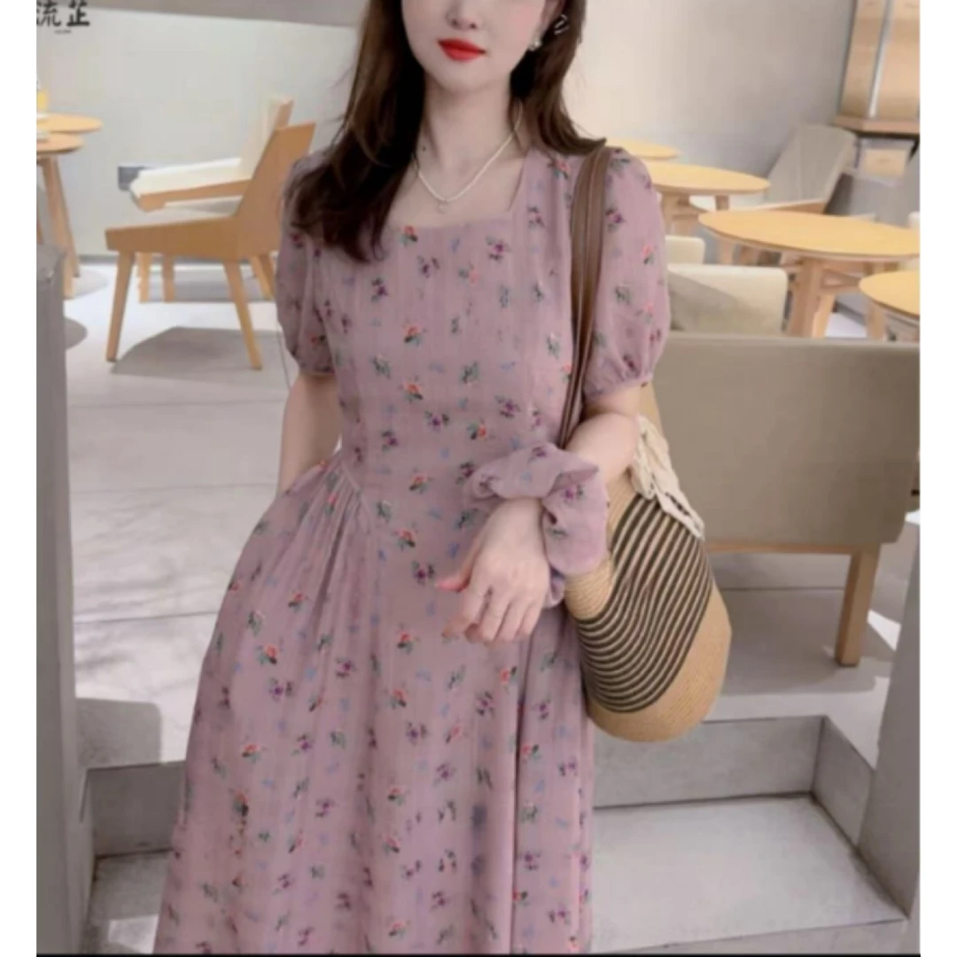 JOANOF夏季法式方领碎花仙女风显瘦甜美连衣裙-A256241-K