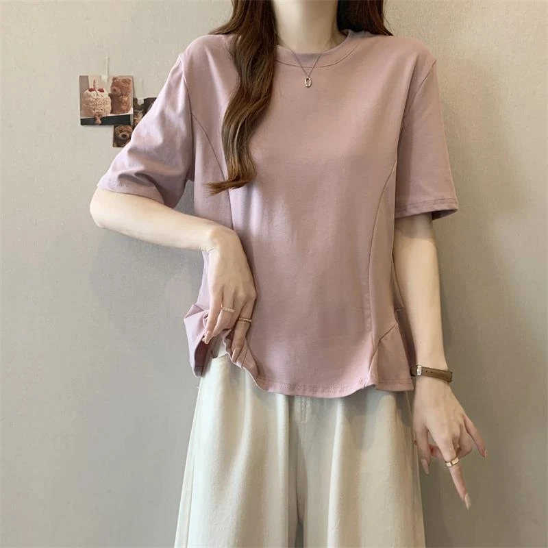 不规则圆领短袖t恤女2025新款夏大码胖mm显瘦正肩上衣设计感小众