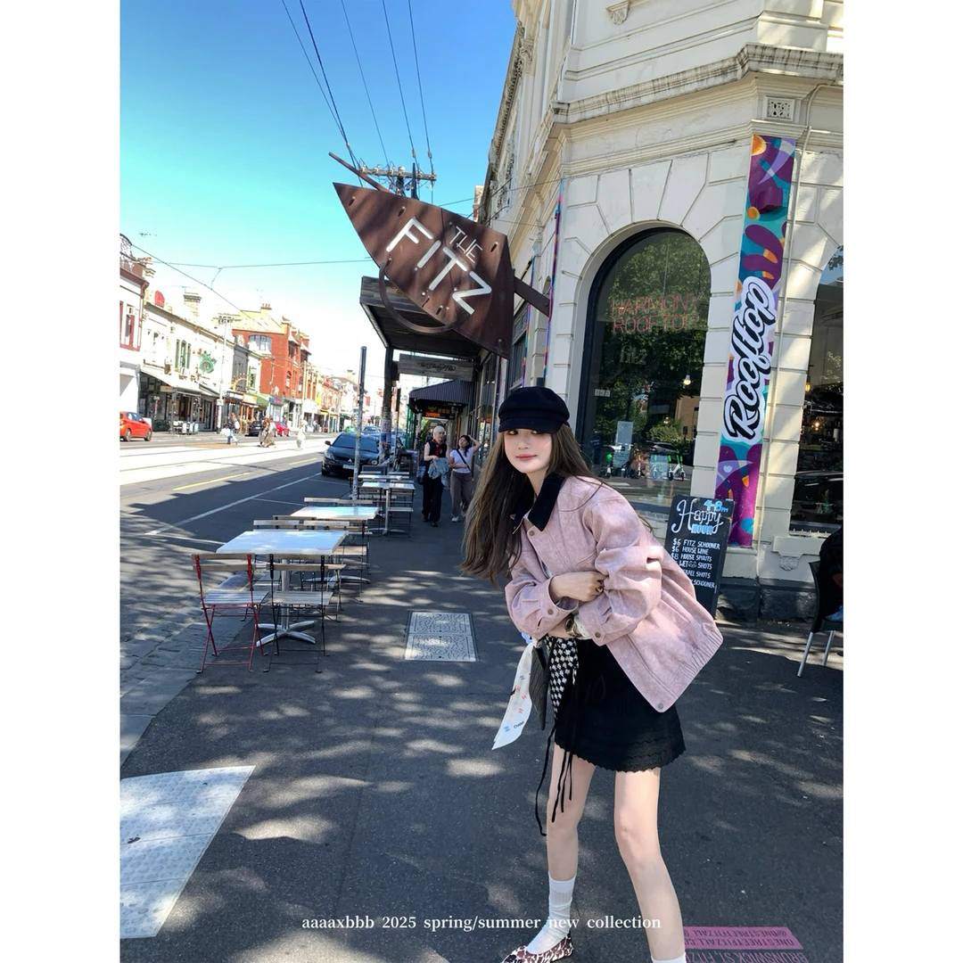 aaaaxbbb 玫瑰茶渍 巴恩风两色拼接领外套女宽松廓形口袋显瘦上衣