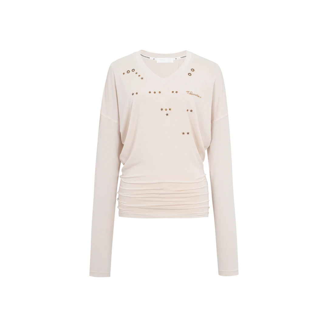 【品牌专属】Three Quarters卡其烫铜片V领莱赛尔长袖打底衫6523