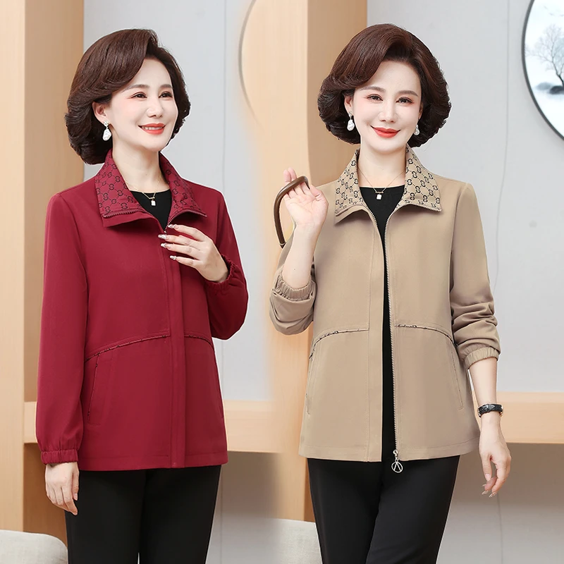 妈妈春装新款外套短款时尚洋气夹克中老年女秋装薄款夹克休闲上衣