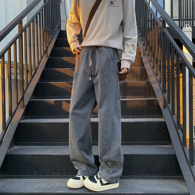 25水洗纯棉牛仔裤宽松休闲裤美式复古工装裤纯色春秋季长裤弯刀裤