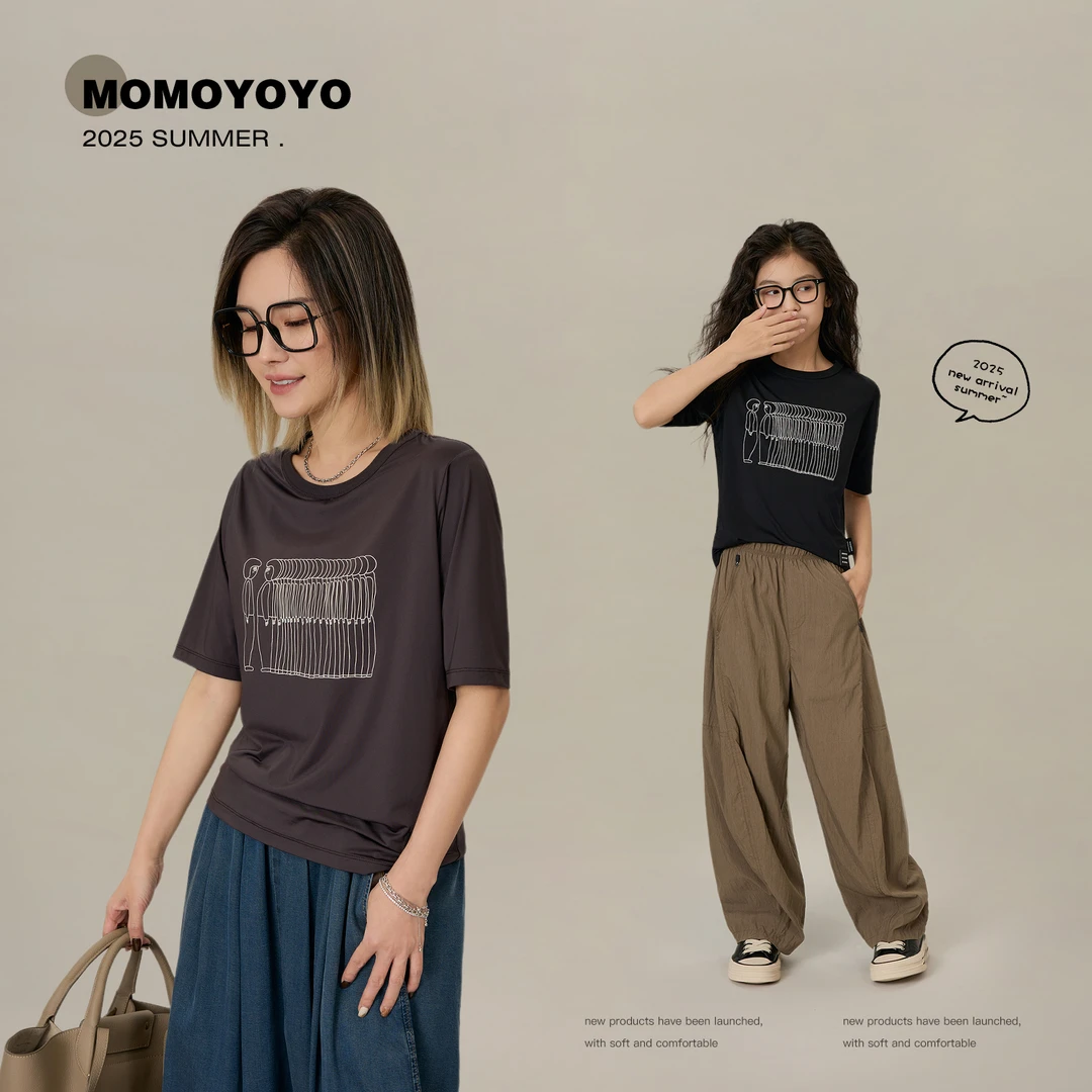 辰辰妈【排队站好】夏印花修身显瘦运功速干亲子半袖上衣速T恤7806D