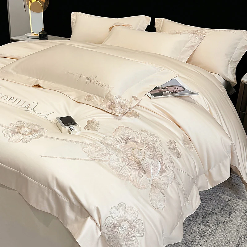 轻奢A类母婴纯棉四件套刺绣被套四季款床单床笠新款高端床上用品4