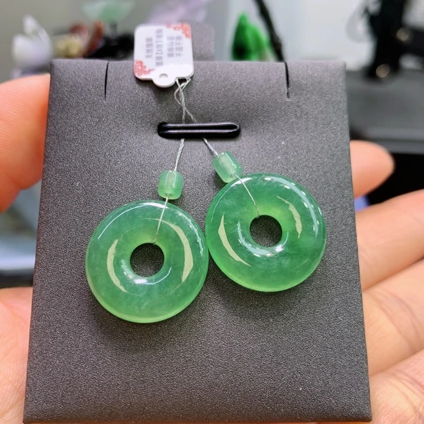 缅甸天然翡翠A货冰甜绿甜甜圈一对K4N30422