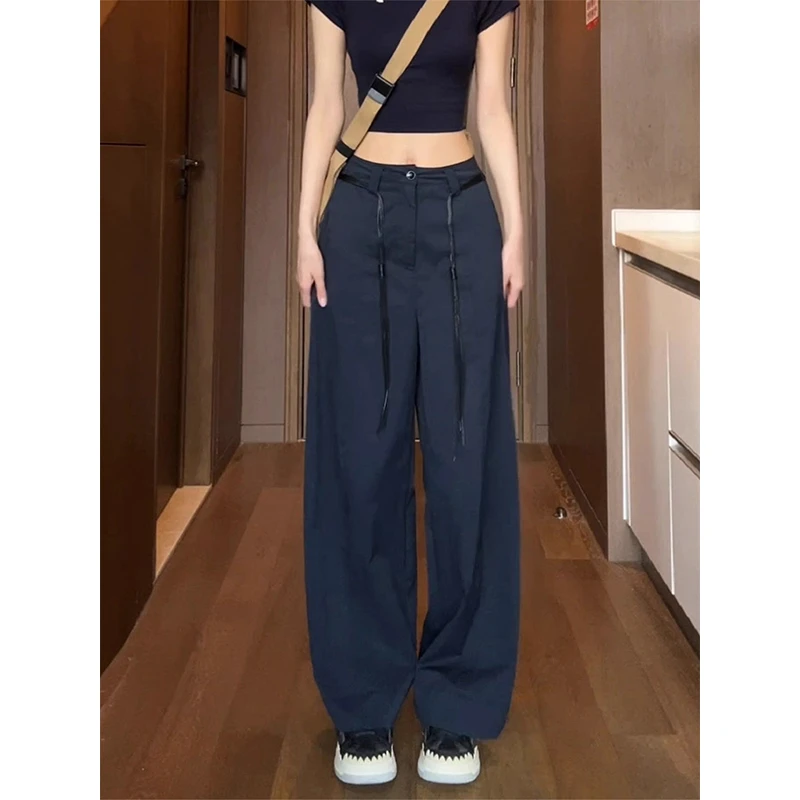 2025新款韩版藏青色工装裤女夏季薄款宽松直筒休闲垂感伞兵阔腿裤