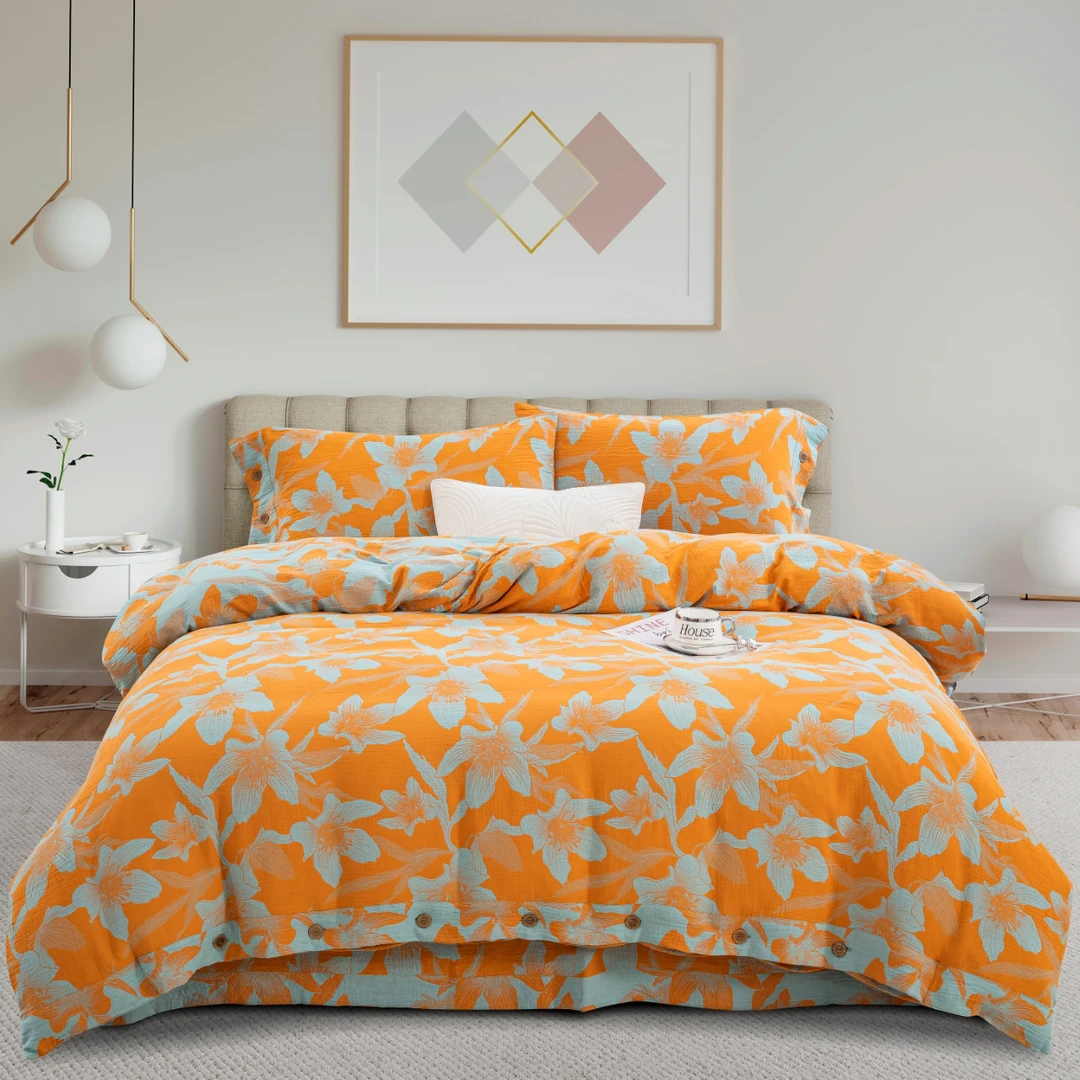 【花漫】全棉双层纱棉纱色织磨毛提花四件套复古加厚柔软床品被套