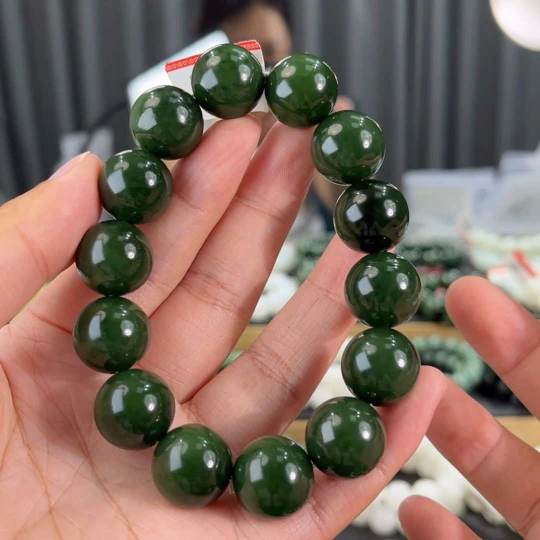 手串未镶嵌和田玉俄料碧玉红皮菠菜绿卡16圆珠