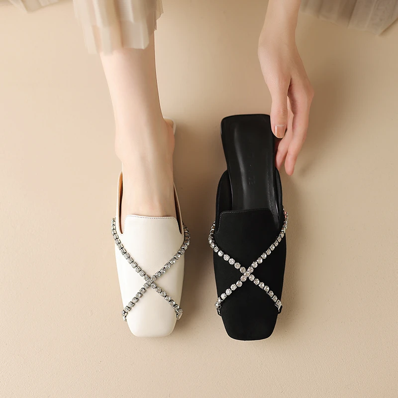 2025新款水钻低跟高级感真皮软底气质外穿方头包头半拖鞋