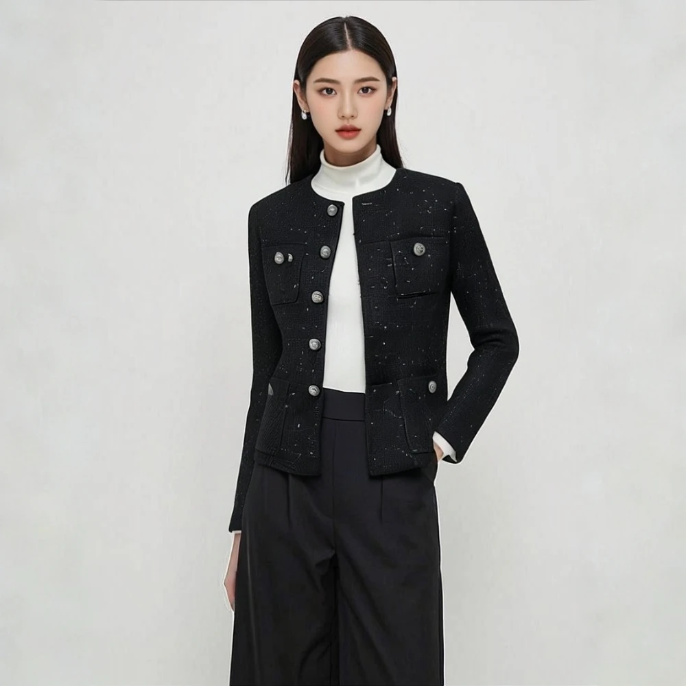 哥弟秋冬新款小香风外套复古圆领法式黑色短款女士外套1400722