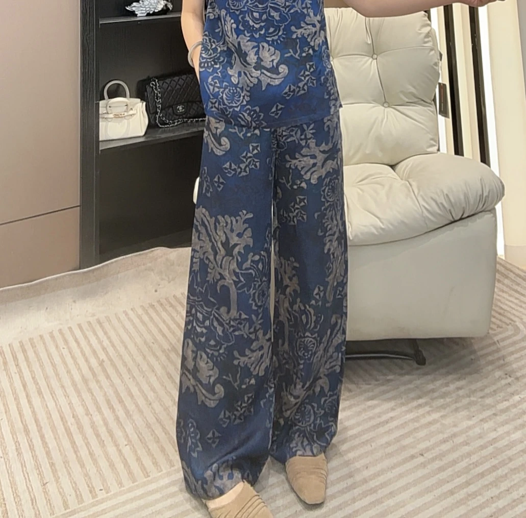 【米乐家】“青花瓷”夏季新款新中式国风青花瓷时尚直筒裤12827