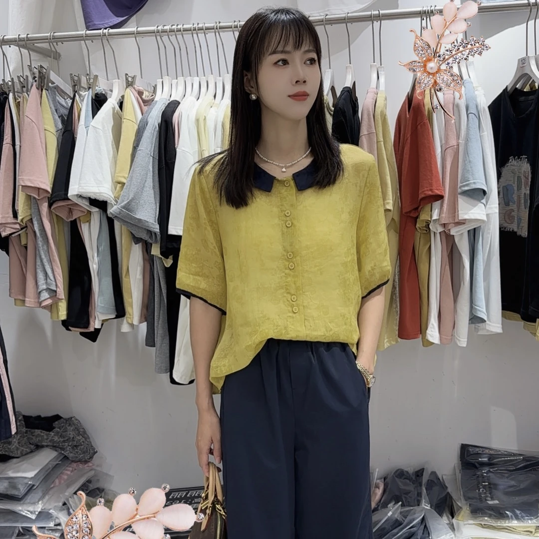 2025夏季新款娃娃翻领短袖衬衫女韩版宽松百搭洋气高贵衬衣