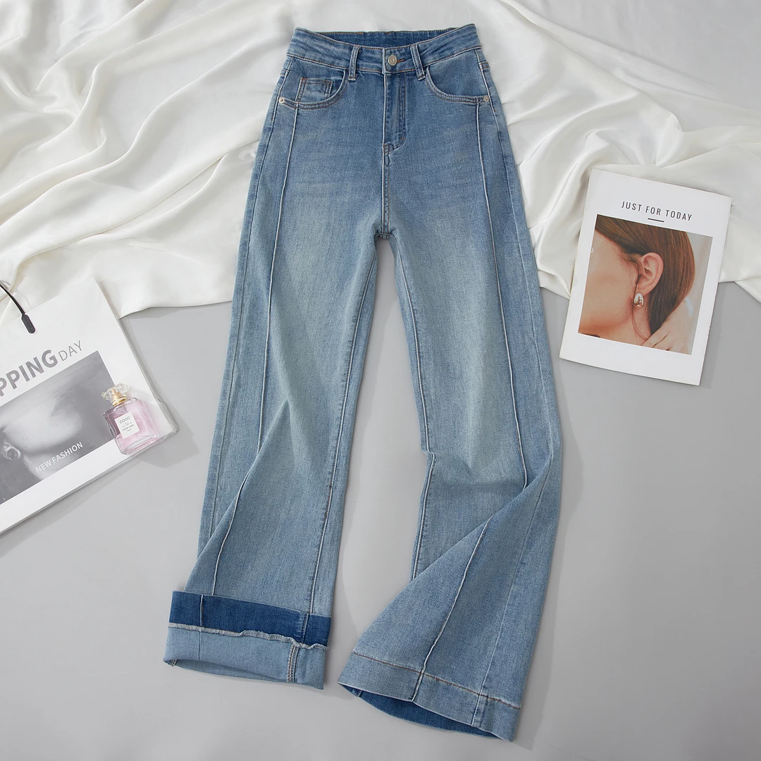 [夏款上新]浅蓝色中高腰时尚百搭显高显瘦窄版微喇牛仔裤1012