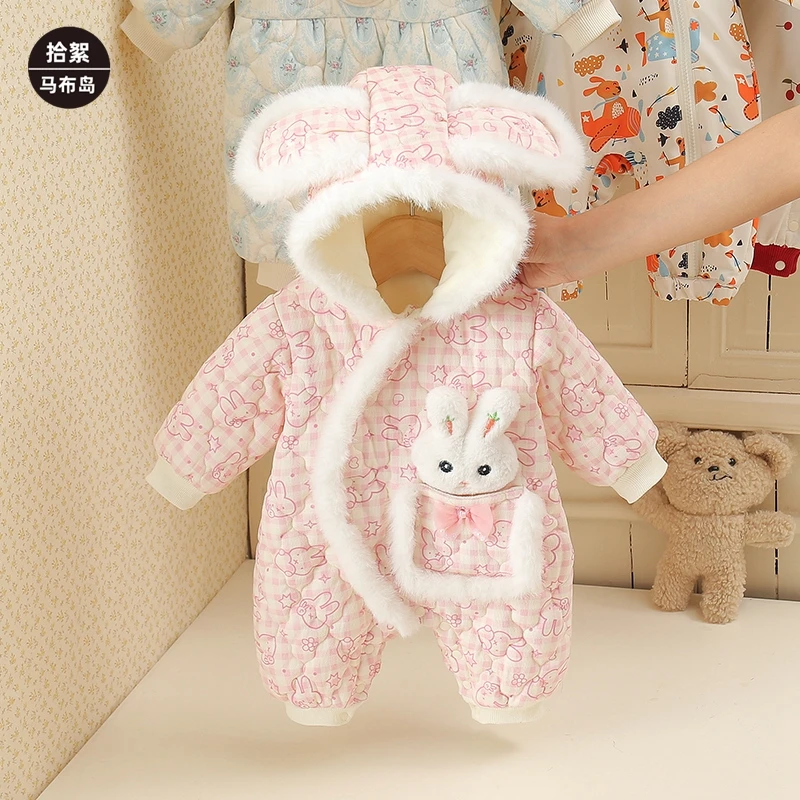 婴儿衣服冬装夹棉连体衣女宝宝公主哈衣加绒棉衣连帽棉服薄棉外套