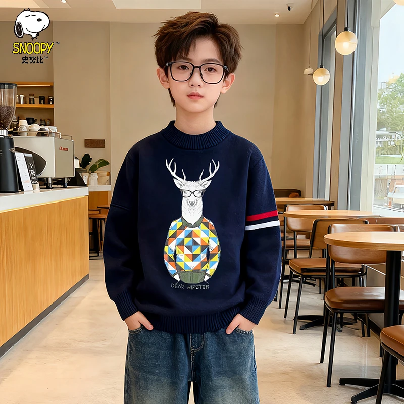 史努比男童毛衣秋冬款加绒加厚中大童儿童男孩保暖纯棉针织打底衫
