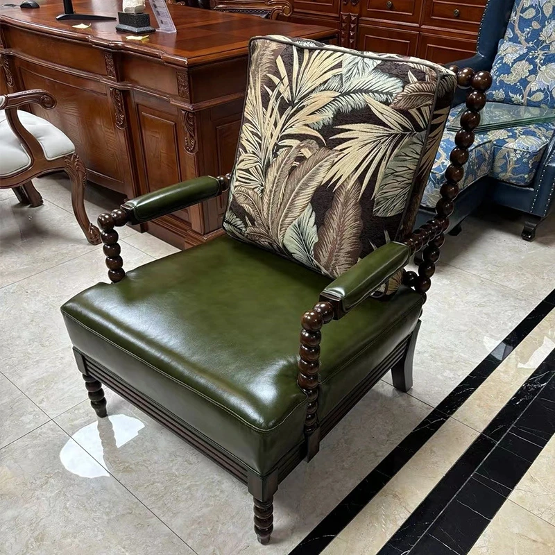 美式实木休闲椅真皮珍珠椅布艺葫芦沙发椅靠背椅新古典懒人沙发椅