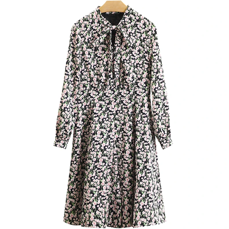 【伍莎-自营】田园风碎花飘带连衣裙