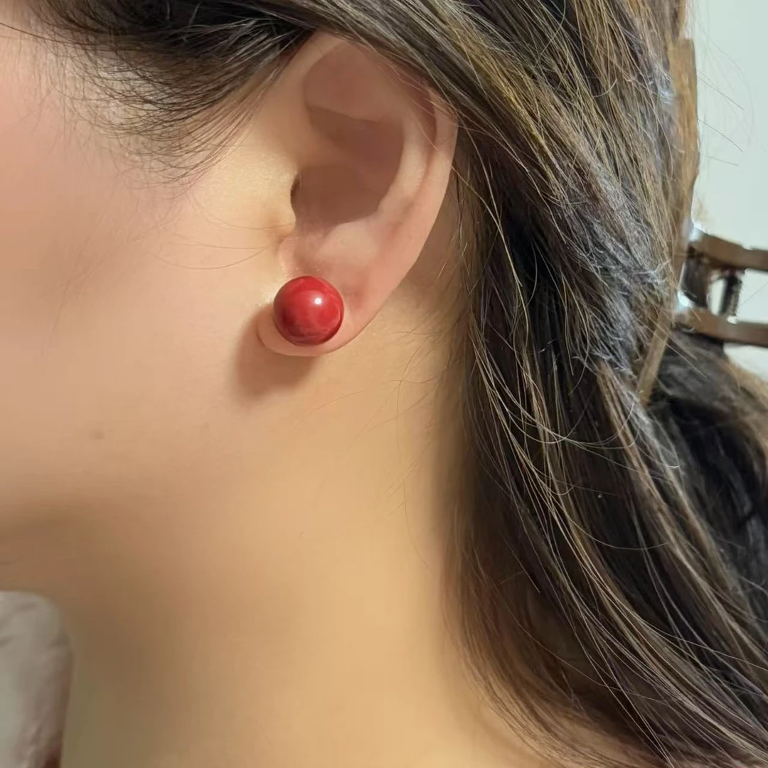铜合金石英石耳饰 新年红色耳钉高级耳环气质复古秋冬耳饰女
