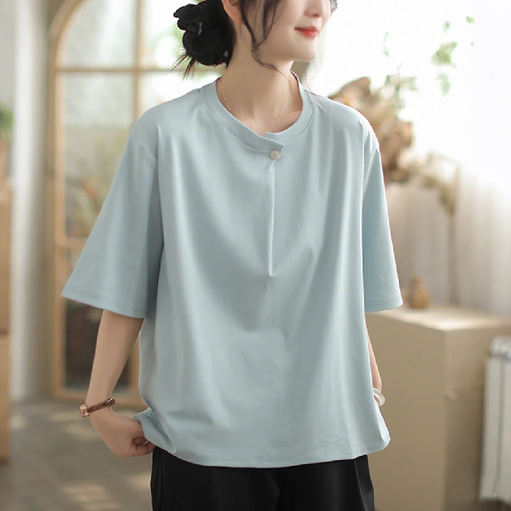 复古文艺原创气质夏季2025新款圆领百搭宽松显瘦女装短袖T恤上衣