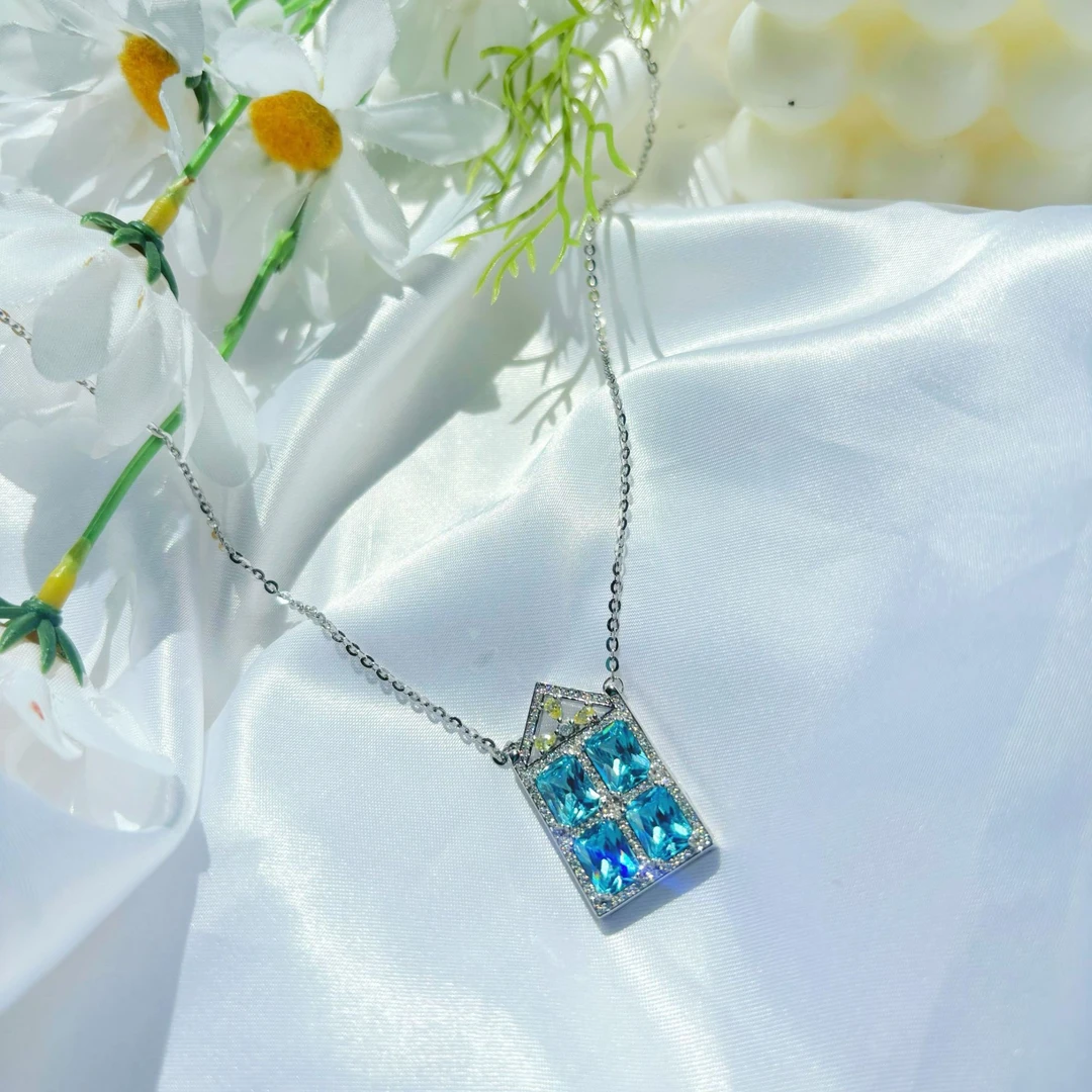 坠链均925银合成锆石 简约高级感925纯银窗户造型锆石款项链