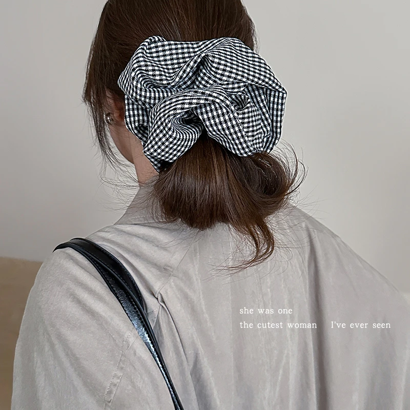 韩版百搭黑白千鸟格纹大肠发圈少女低马尾丸子头发饰头圈早春发绳