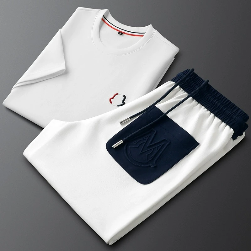 轻奢男士休闲套装夏季薄款撞色拼接运动服修身圆领t恤卫裤两件套