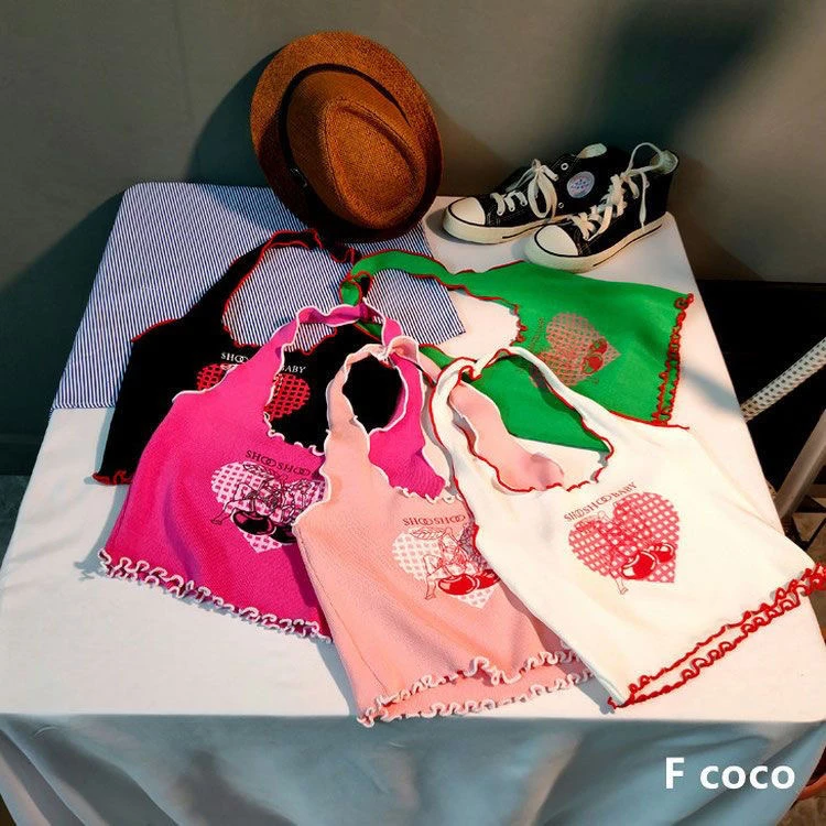 女童莫代尔挂脖背心t恤2025夏季薄款吊带外穿甜美木耳边打底上衣