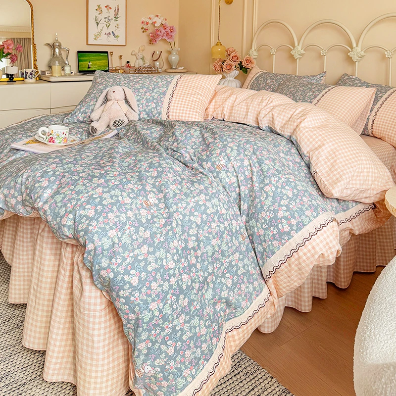 韩版公主风全棉小碎花床裙四件套100%纯棉花边被套床单床笠款床品