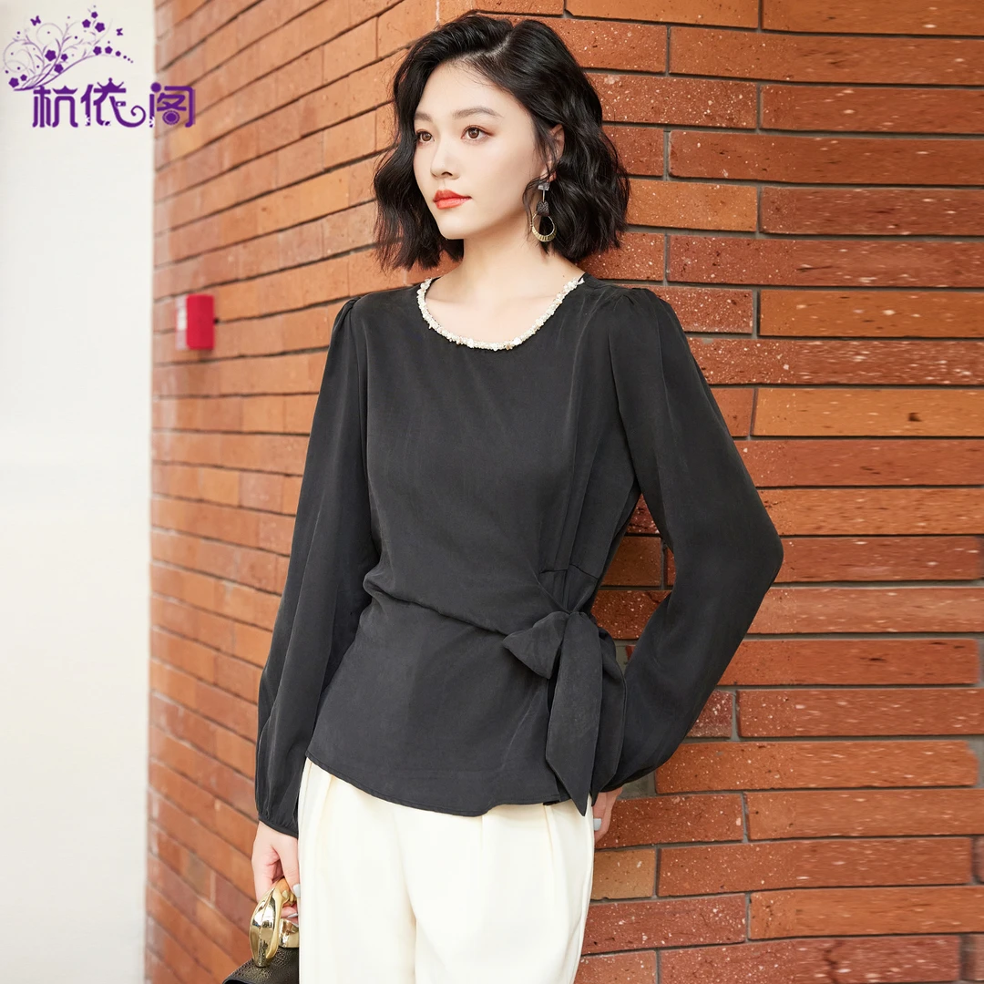 长袖衬衫女2025秋季新款高级感气质通勤收腰显瘦洋气圆领小衫上衣