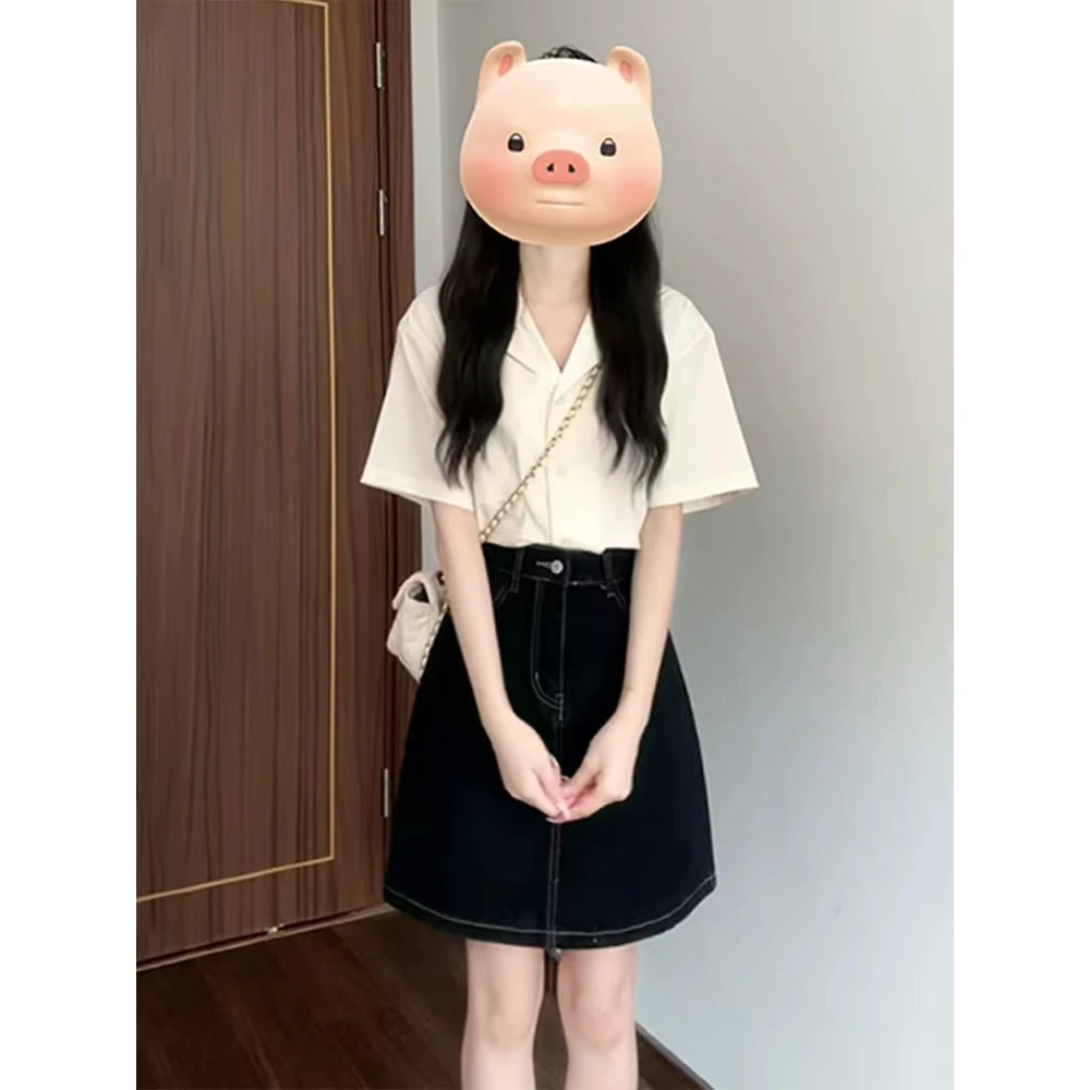 白色通勤短袖衬衫女夏季2025新款法式气质衬衣上衣半身裙两件套装