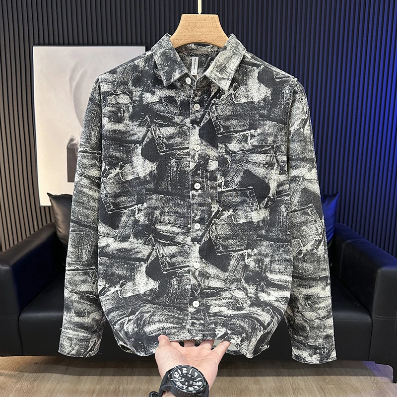 春秋季潮流印花长袖衬衫男宽松休闲纯棉百搭帅气日系男装衬衣外套